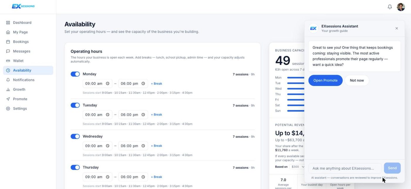 The EXsessions Assistant — an AI growth guide panel