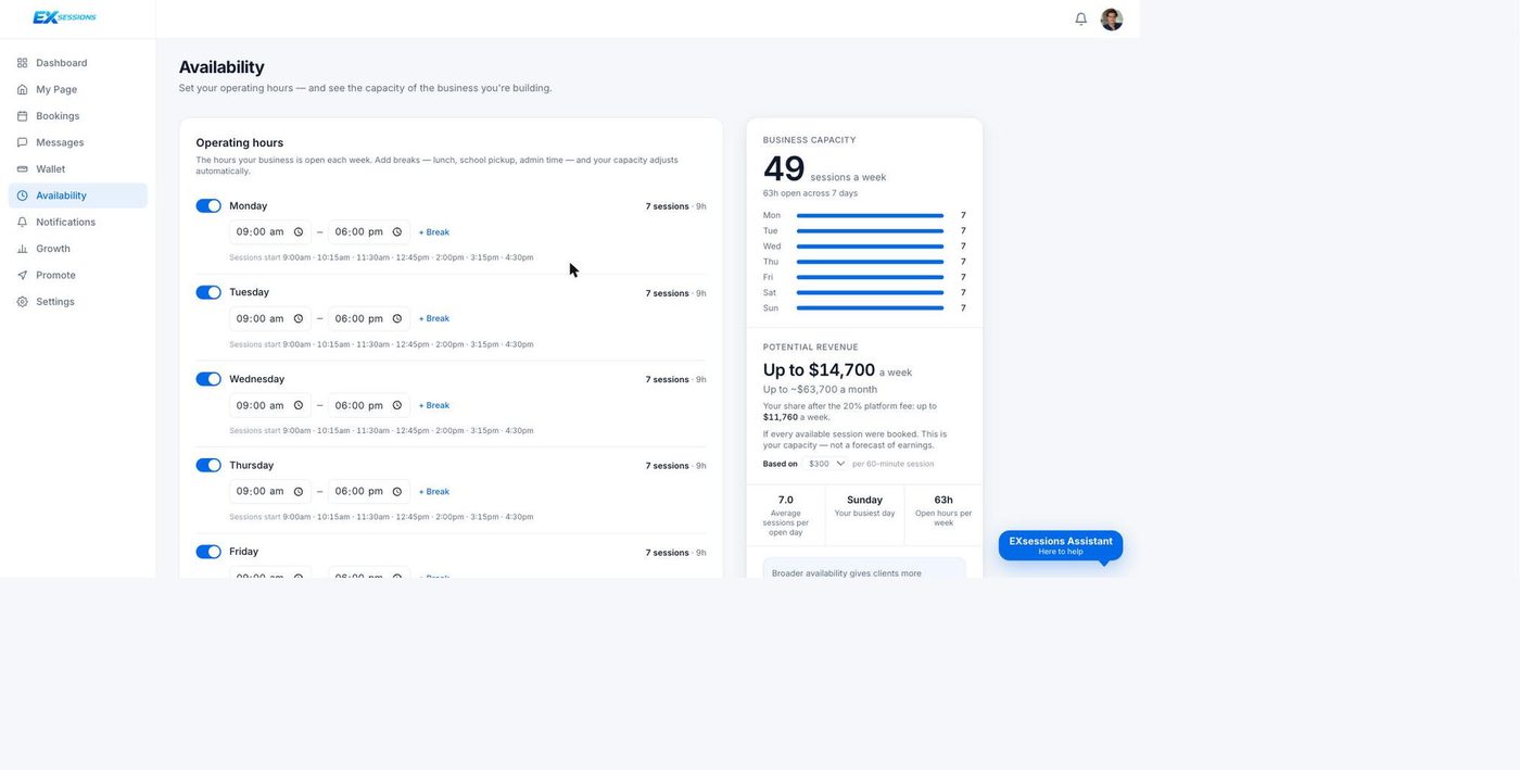 Availability settings and weekly business capacity