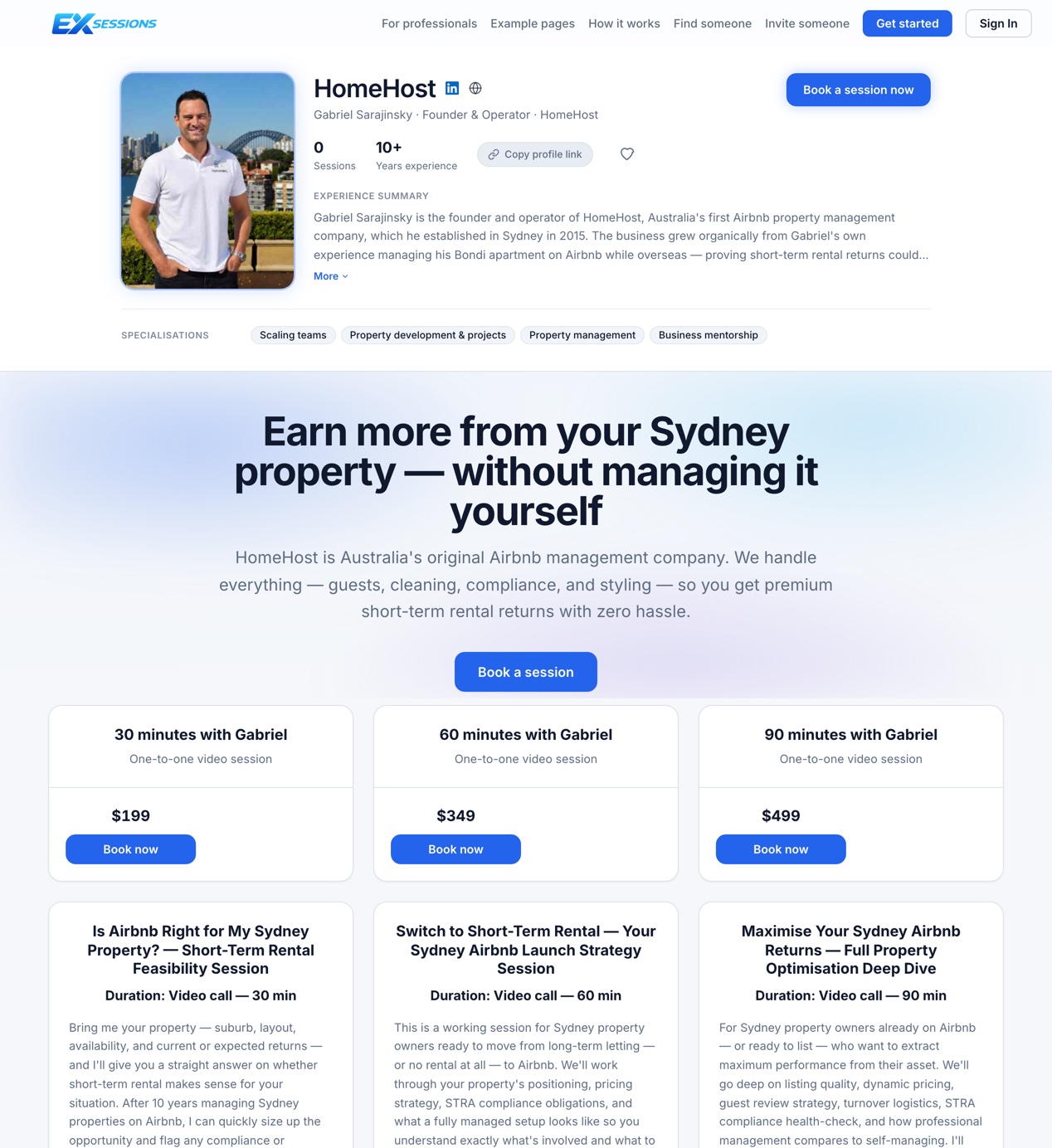 A professional’s public page on EXsessions